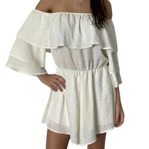 White Satin Ruffle off-the-shoulder Romper - Large